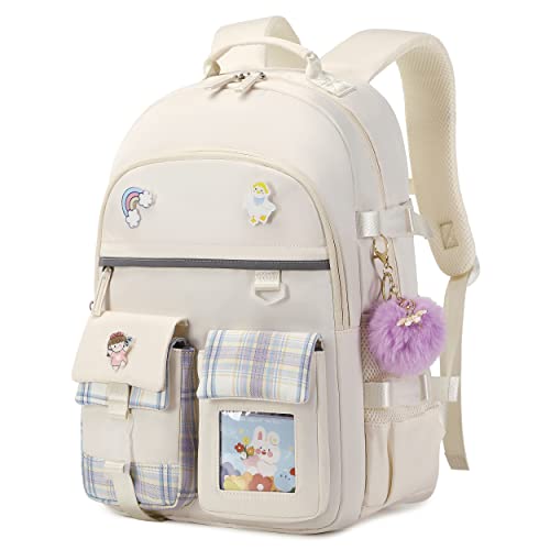 KIDNUO Backpack for Girls, 15.6 Inch Laptop School Bag Kids Kindergarten Elementary College Backpacks Large Bookbags for Teen Girl Women Students Casual Travel Daypacks (Beige) - Image 1
