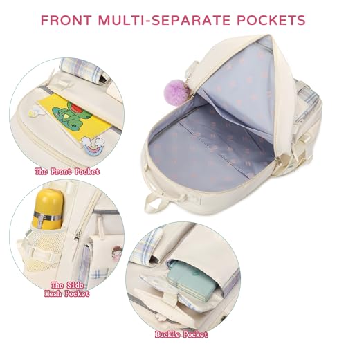 KIDNUO Backpack for Girls, 15.6 Inch Laptop School Bag Kids Kindergarten Elementary College Backpacks Large Bookbags for Teen Girl Women Students Casual Travel Daypacks (Beige) - Image 5