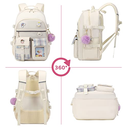 KIDNUO Backpack for Girls, 15.6 Inch Laptop School Bag Kids Kindergarten Elementary College Backpacks Large Bookbags for Teen Girl Women Students Casual Travel Daypacks (Beige) - Image 3