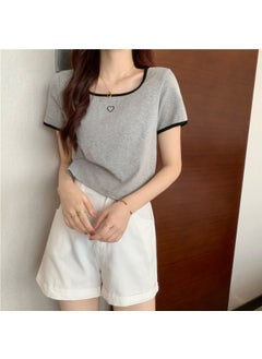 Generic Chic Embroidered Love Tee Womens Slim Fit Crop Top Grey  - Image 1