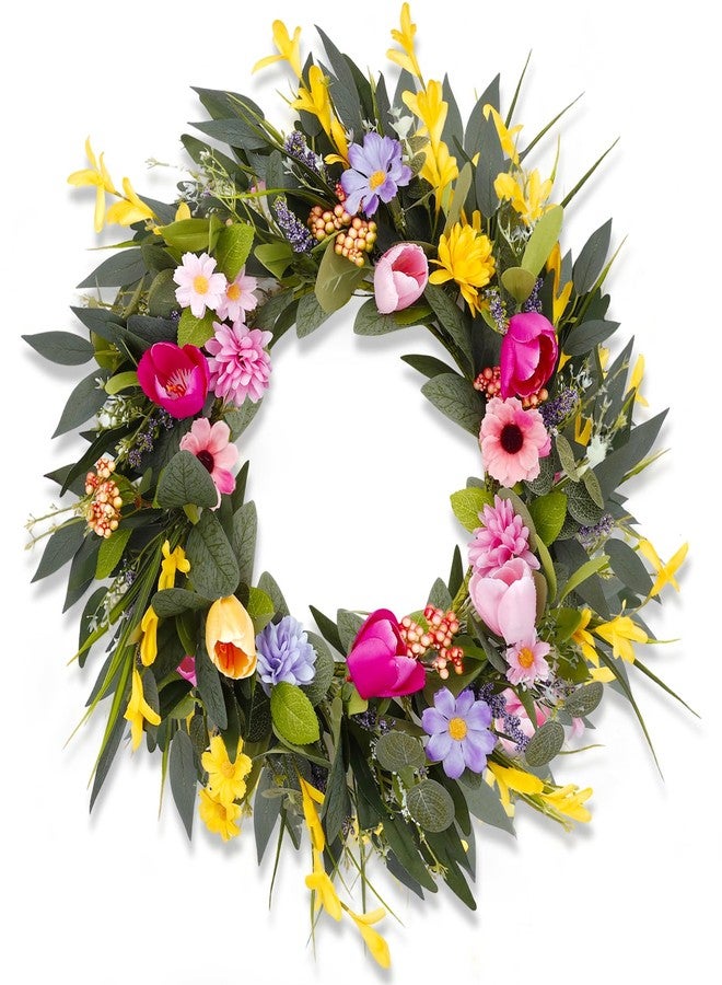 Ovveroche 20 Inch Spring Summer Wreath for Front Door Outside, Floral Door Wreath Included Peony Tulips Wildflower Lavender for All Season Indoor Outdoor Farmhouse Porch Wall Window Decor - Image 1