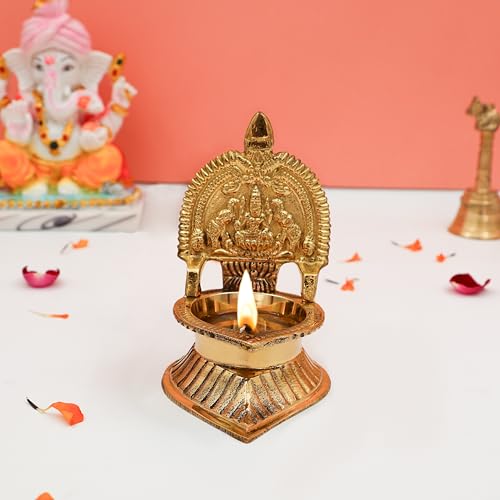 ROLIMOLI Brass Laxmi Decorative Diya for Pooja Oil Deepak Kamakshi Deepam Home Mandir Office Elegant Gold Table Diya 11cm 171gm - Image 1