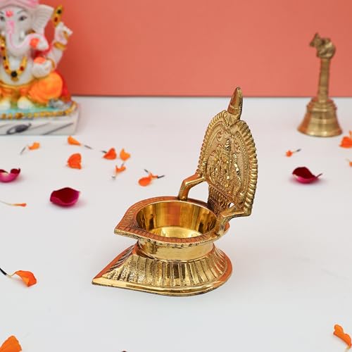 ROLIMOLI Brass Laxmi Decorative Diya for Pooja Oil Deepak Kamakshi Deepam Home Mandir Office Elegant Gold Table Diya 11cm 171gm - Image 5