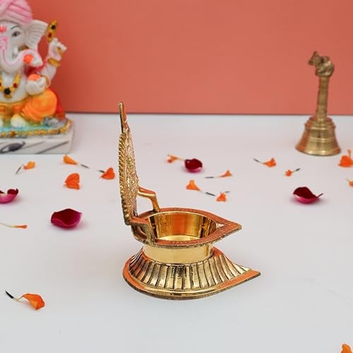 ROLIMOLI Brass Laxmi Decorative Diya for Pooja Oil Deepak Kamakshi Deepam Home Mandir Office Elegant Gold Table Diya 11cm 171gm - Image 3