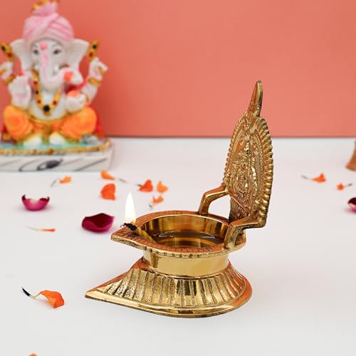 ROLIMOLI Brass Laxmi Decorative Diya for Pooja Oil Deepak Kamakshi Deepam Home Mandir Office Elegant Gold Table Diya 11cm 171gm - Image 2