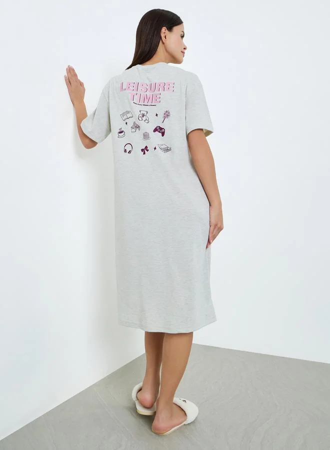 Styli Women Grey Back Graphic Print Sleep T-Shirt