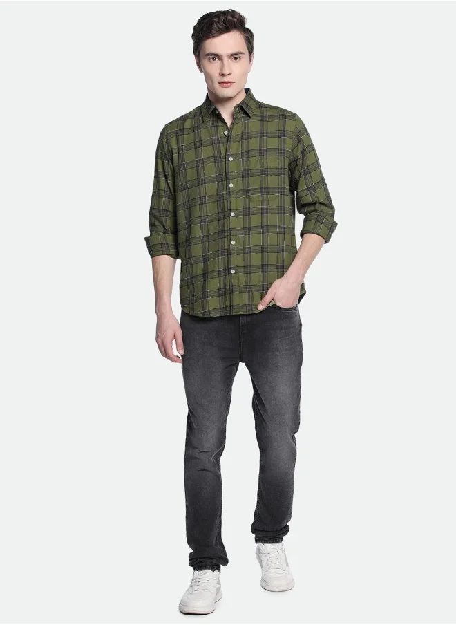 Dennis Lingo Olive Slim Fit Spread Collar Shirt for Men - Cotton, Checks, Full Sleeves, Casual