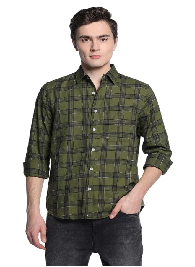 دينيس لينغو Olive Slim Fit Spread Collar Shirt for Men - Cotton, Checks, Full Sleeves, Casual