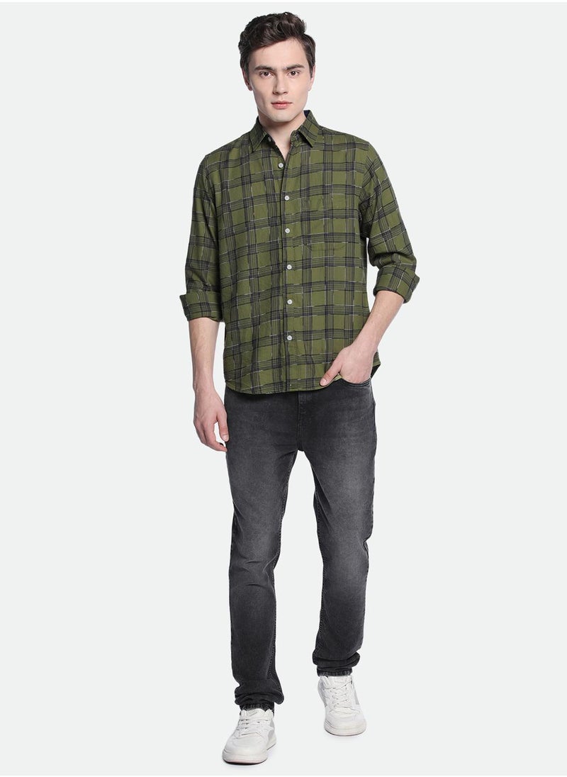 Dennis Lingo Olive Slim Fit Spread Collar Shirt for Men - Cotton, Checks, Full Sleeves, Casual  - Image 5