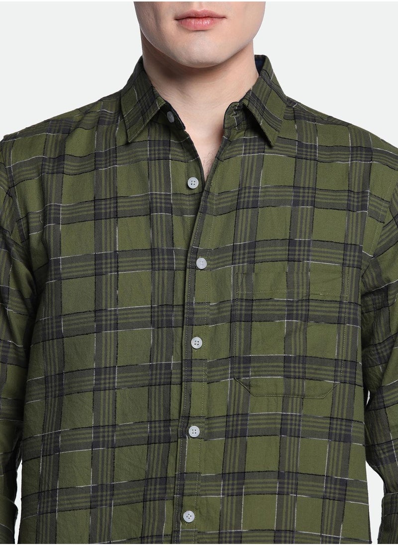 Dennis Lingo Olive Slim Fit Spread Collar Shirt for Men - Cotton, Checks, Full Sleeves, Casual  - Image 4