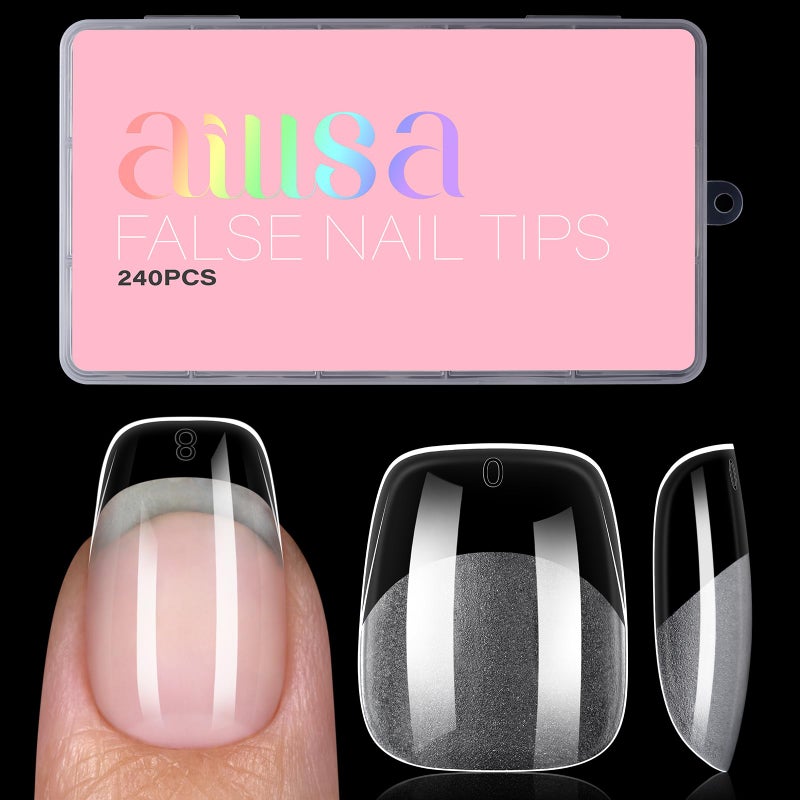 AILLSA Short Square Round Fake Nail Tips 240Pcs Soft Nail Gel Tips Pre-Shaped Acrylic Nail Tips, Half Matte Full Cover Press on False Tips for Nail Extension Home DIY 15 Sizes Gelly Tips - Image 1
