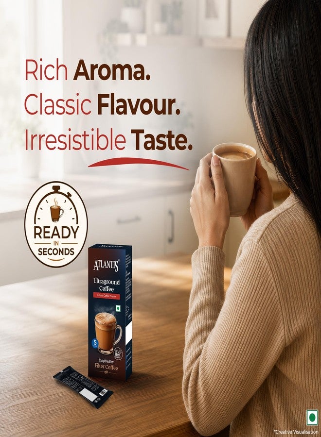 ATLANTIS Ultraground Instant Coffee Premix | Rich Filter Coffee Inspired Taste with Milk & Sugar | Just Add Hot Water | 5 Sachets | Travel Friendly - Image 4