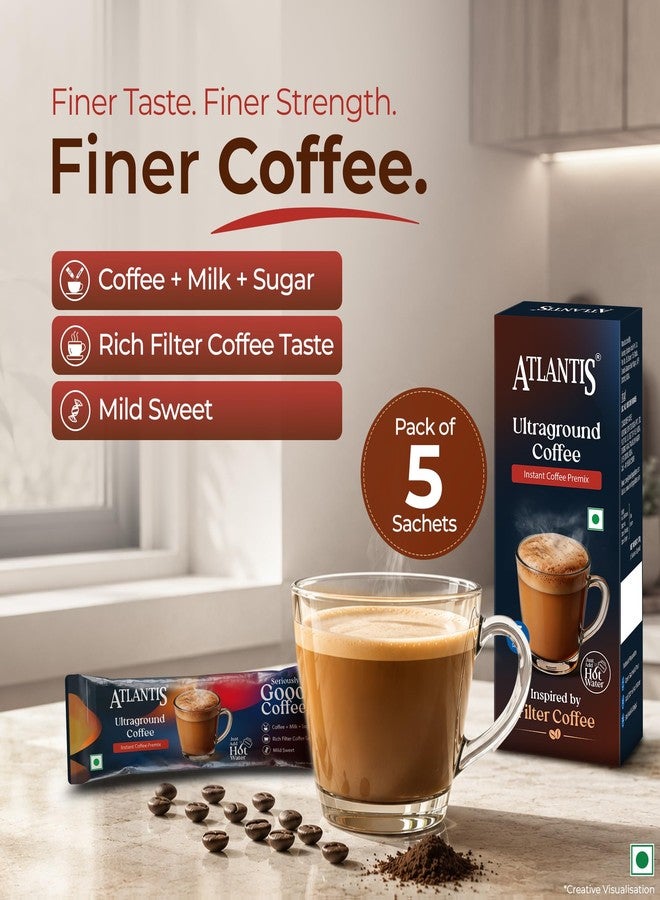 ATLANTIS Ultraground Instant Coffee Premix | Rich Filter Coffee Inspired Taste with Milk & Sugar | Just Add Hot Water | 5 Sachets | Travel Friendly - Image 2