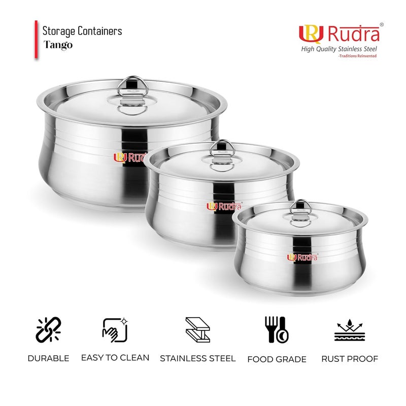 Rudra Set of 3 Prime Stainless Steel Storage Containers Single Wall Airtight LeakProof 160022003000ml For Office School Picnic Home Durable Hygienic RustFree - Image 3