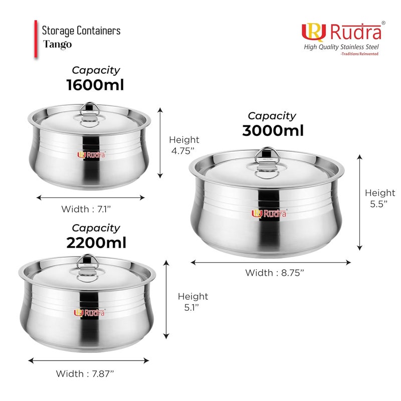Rudra Set of 3 Prime Stainless Steel Storage Containers Single Wall Airtight LeakProof 160022003000ml For Office School Picnic Home Durable Hygienic RustFree - Image 2