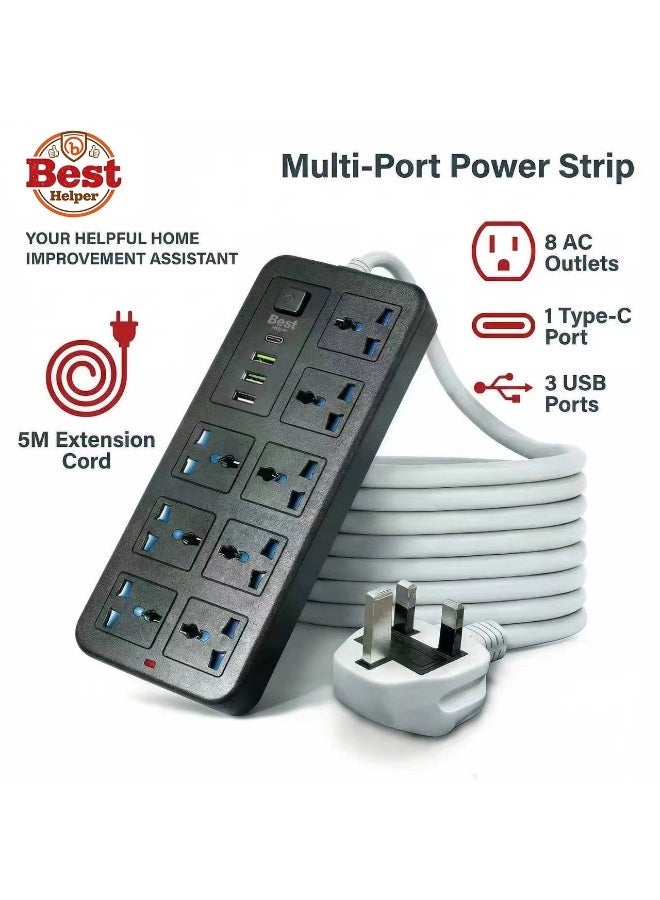 Best Helper 【8 Gang】5 meters Universal Extension Lead with Multiple Function UK Plug 3 Pin Socket Outlet with 8 Gang 3 USB Port 1 Type-C Port 5M Electric Socket Mains Strip for Home Kitchen and Office 5 meters - Image 1
