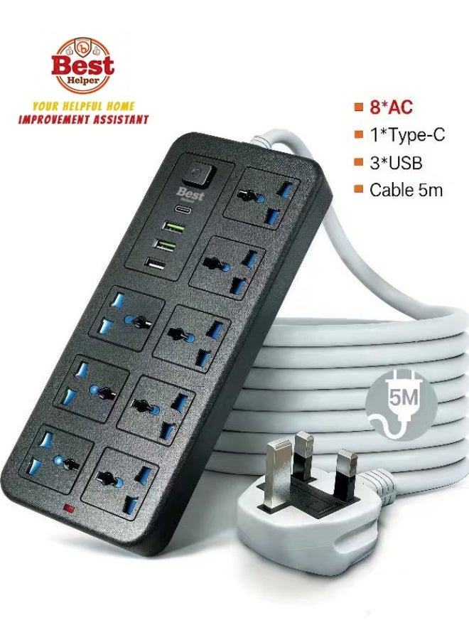 Best Helper 【8 Gang】5 meters Universal Extension Lead with Multiple Function UK Plug 3 Pin Socket Outlet with 8 Gang 3 USB Port 1 Type-C Port 5M Electric Socket Mains Strip for Home Kitchen and Office 5 meters - Image 2