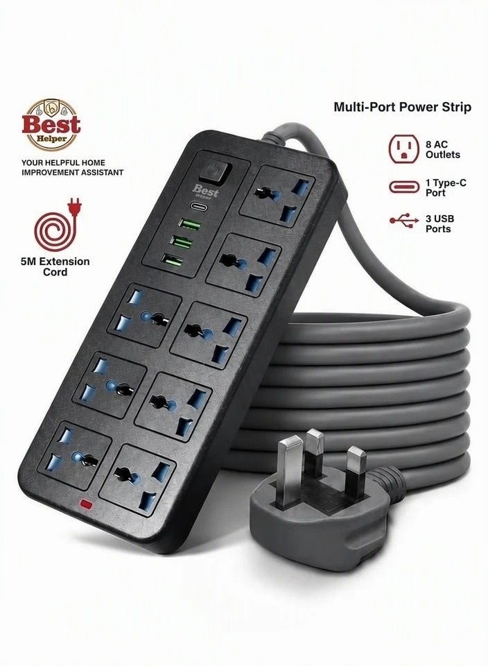 Best Helper 【8 Gang】5 meters Universal Extension Lead with Multiple Function UK Plug 3 Pin Socket Outlet with 8 Gang 3 USB Port 1 Type-C Port 5M Electric Socket Mains Strip for Home Kitchen and Office 5 meters - Image 1