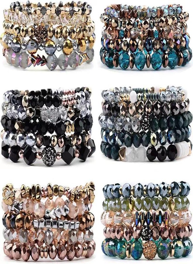WAINIS 6 Sets Bohemian Beaded Stackable Bracelets for Women Stretch Multilayered Crystal Bracelet Set Multicolor Boho Glass Bead Bracelets Pack - Image 1