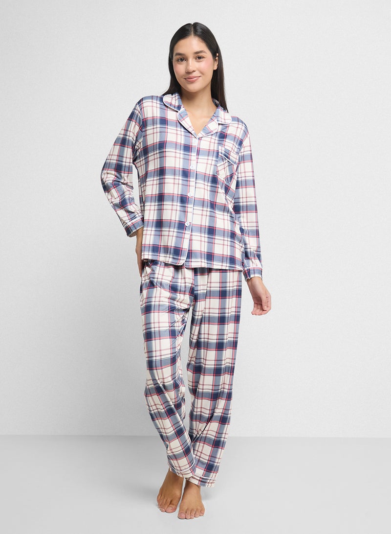 Ginger Checkered Button Up Shirt & Pyjama Set  - Image 1