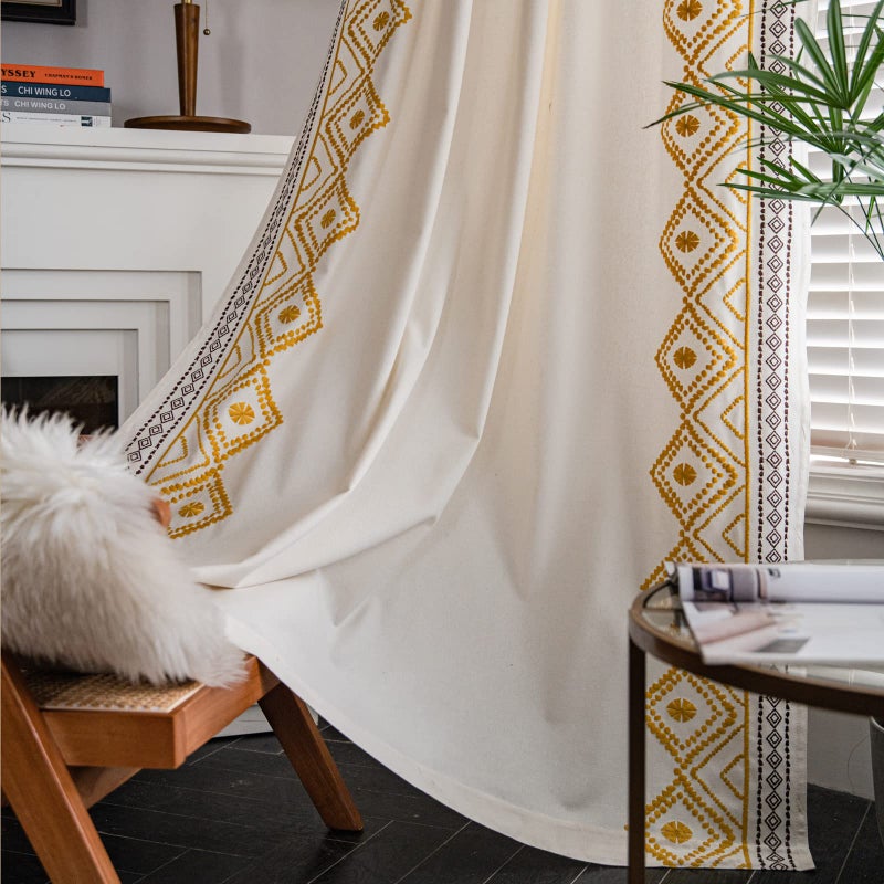 ColorBird Boho Curtains for Summer Living Room Light Filtering Yellow and Brown Embroidered Apartment Decor, Decorative Textured Rod Pocket 63 Inch Curtains & Drapes for Dining Room Bedroom - Image 1