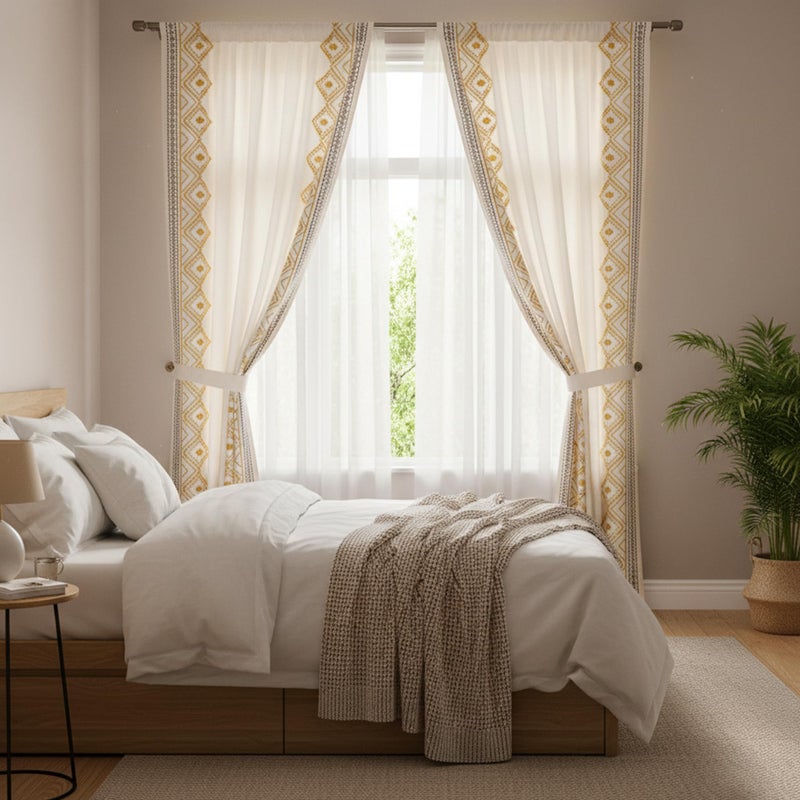 ColorBird Boho Curtains for Summer Living Room Light Filtering Yellow and Brown Embroidered Apartment Decor, Decorative Textured Rod Pocket 63 Inch Curtains & Drapes for Dining Room Bedroom - Image 4