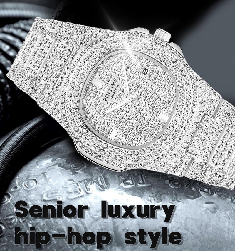 Gosasa Luxury Unisex Watch Crystal Diamond Watches Big Face Women's Men's Quartz Watch Gold Silver Rose Gold Color Stainless Steel Bracelet Band (Silver) - Image 4