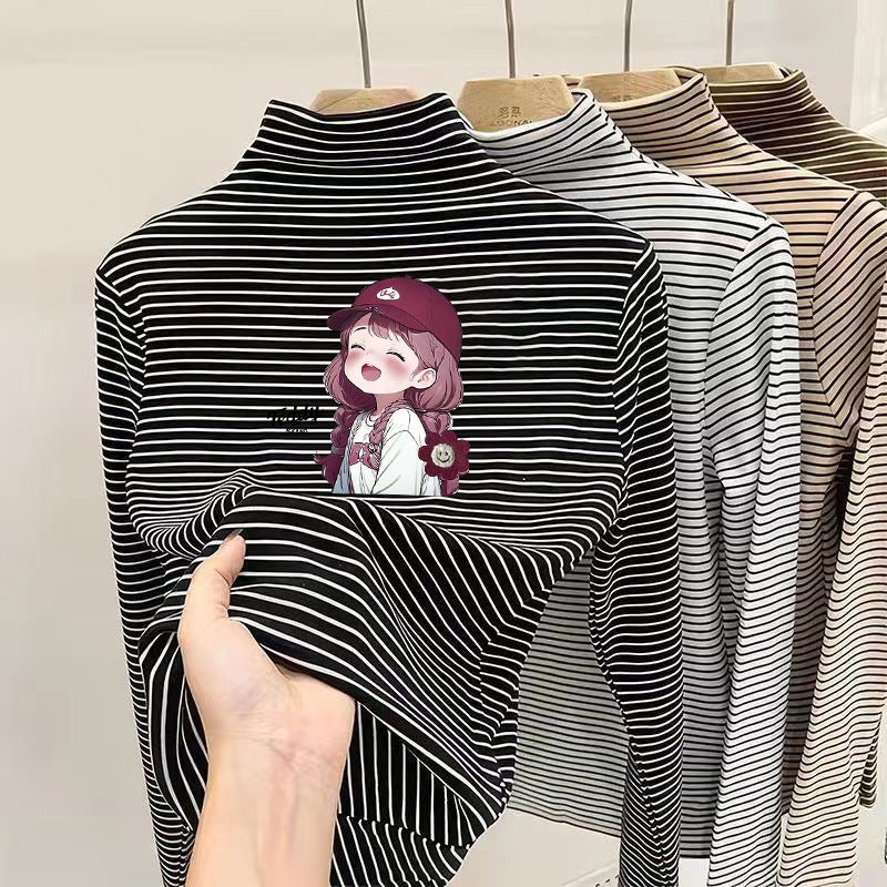 Boys And Girls Striped Double-Sided Velvet Long-Sleeved T-Shirt Base Shirt Women'S Half-High Collar Warm Inner T-Shirt For Children - Image 1
