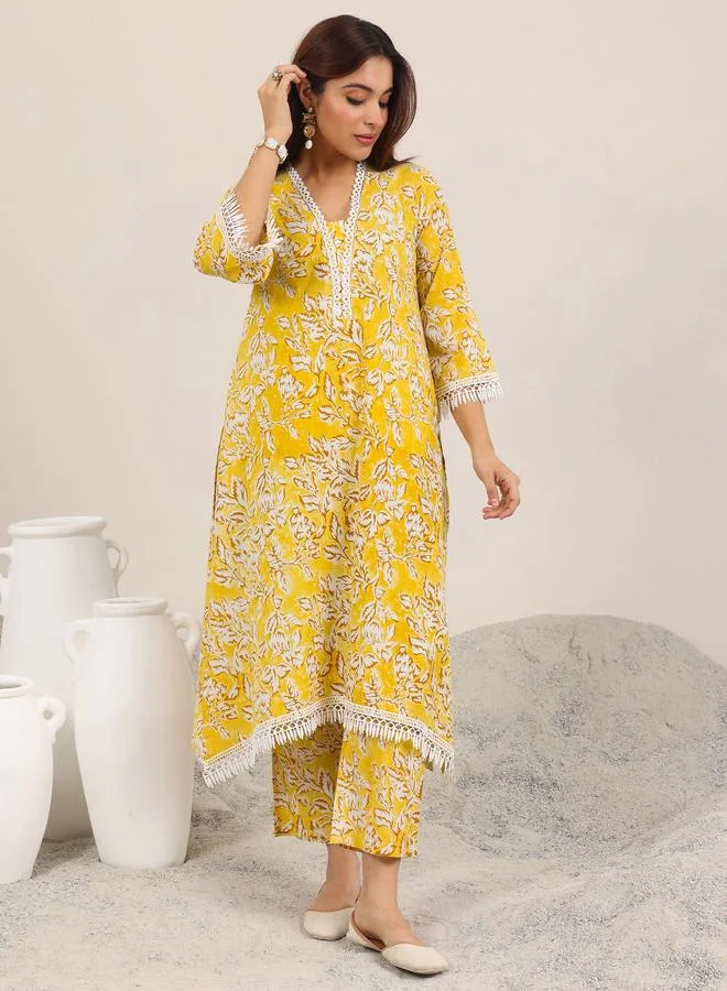 Libas  Mustard Printed Cotton Straight Kurta With Trouser for Women | Best Price UAE