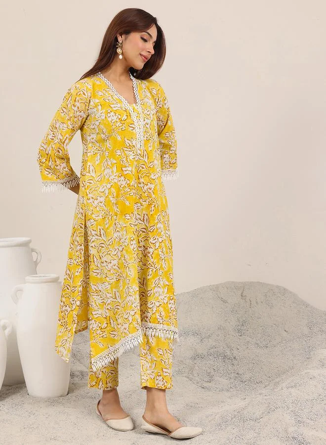 Libas  Mustard Printed Cotton Straight Kurta With Trouser for Women | Best Price UAE