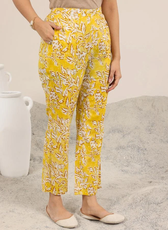 Libas  Mustard Printed Cotton Straight Kurta With Trouser for Women | Best Price UAE