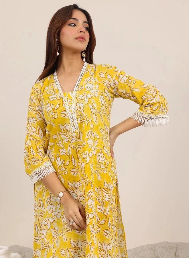 Libas  Mustard Printed Cotton Straight Kurta With Trouser for Women | Best Price UAE
