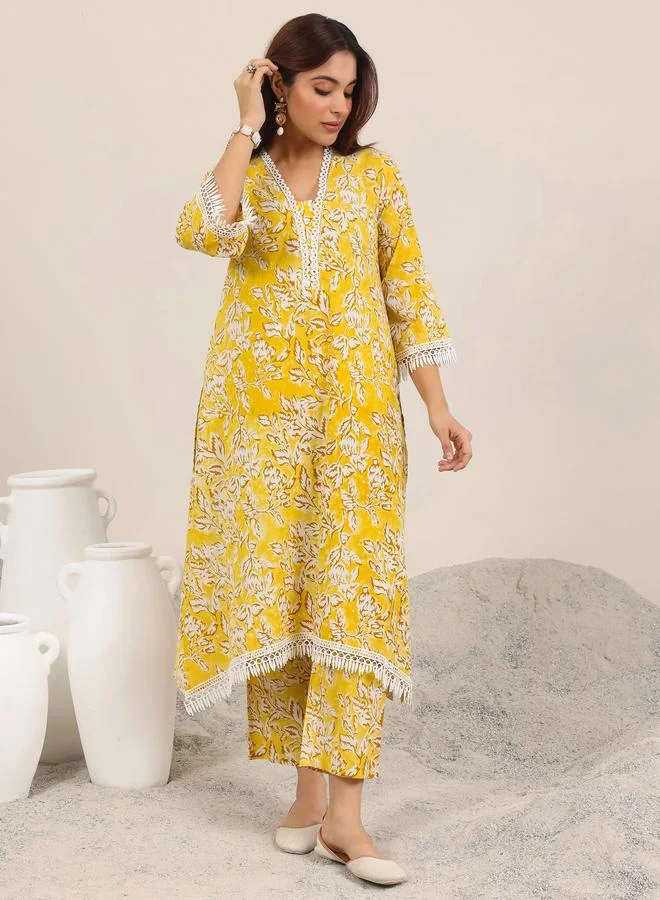 Libas Mustard Printed Cotton Straight Kurta With Trouser