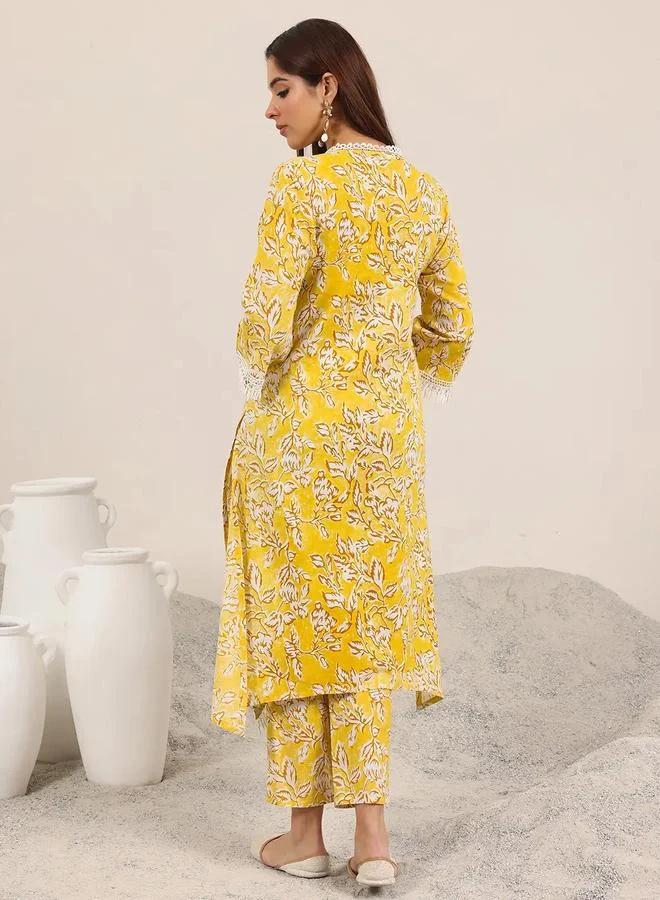 Libas  Mustard Printed Cotton Straight Kurta With Trouser for Women | Best Price UAE