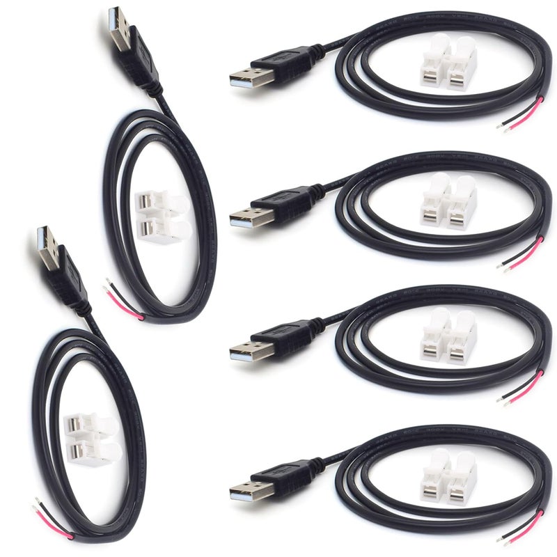 minidodoca 6Pcs 3.3Ft 22AWG USB 2.0 Male 2Pin Pigtail Cable, 3A 3V 5V 9V 12v 24v USB Type A 2 Core Bare Wire Open End Extension Cable with 6Pcs Quick Wire Cable Connector for DIY Repair Cable - Image 1
