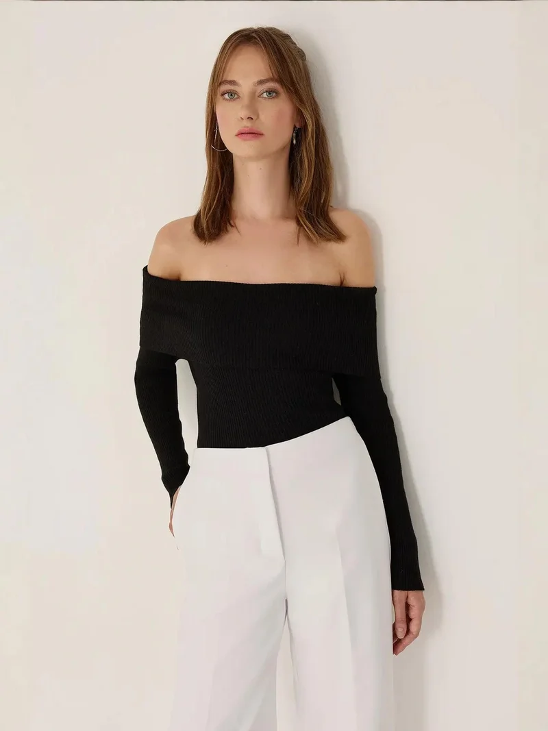 HICCUP Off Shoulder Madonna Collar Knit Top