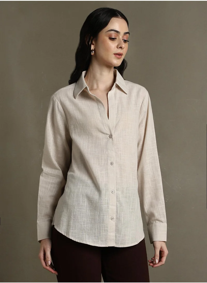 Dennis Lingo Women's Beige Cotton Blend Textured Oversized Shirt