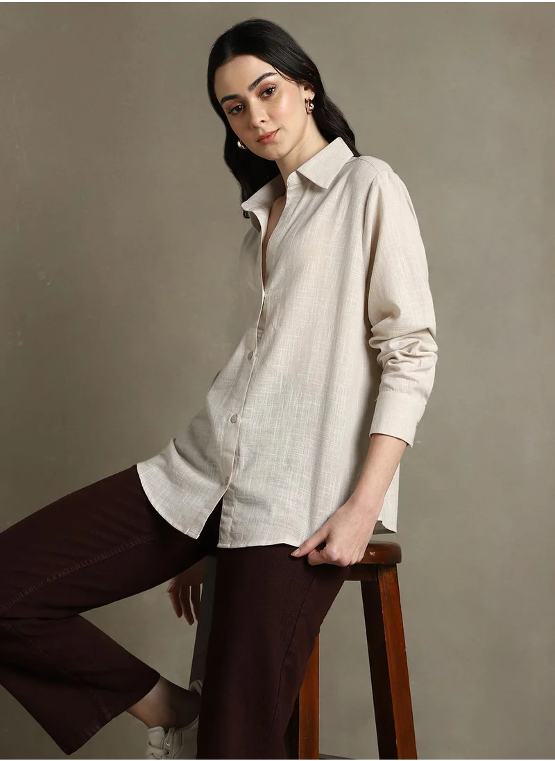 Dennis Lingo Women's Beige Cotton Blend Textured Oversized Shirt