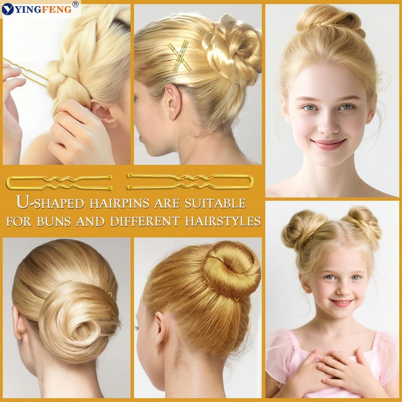 YINGFENG 510PCS Blonde Bobby Pins Hair Pins Kit with Hair Net, YINGFENG Includes 100 Bobby Pins for Women, 100 U Shaped Buns Hair Clips, 300 Hair Bands and 10 Blonde Hair Nets, Dance competition must haves - Image 4