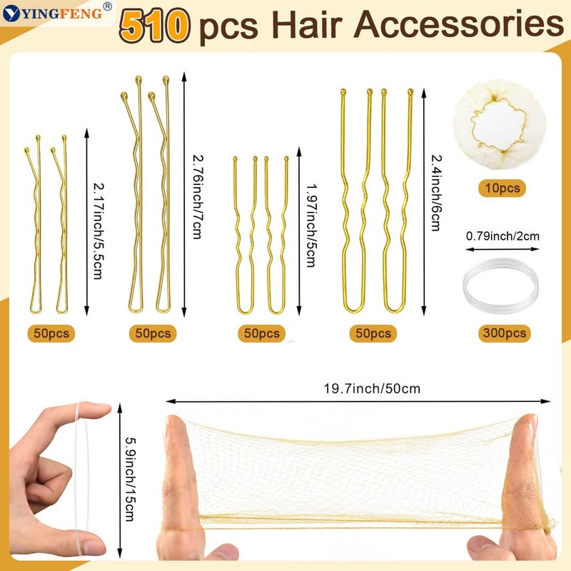 YINGFENG 510PCS Blonde Bobby Pins Hair Pins Kit with Hair Net, YINGFENG Includes 100 Bobby Pins for Women, 100 U Shaped Buns Hair Clips, 300 Hair Bands and 10 Blonde Hair Nets, Dance competition must haves - Image 3