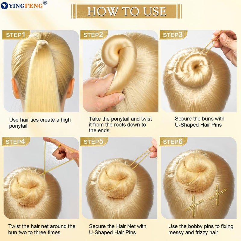 YINGFENG 510PCS Blonde Bobby Pins Hair Pins Kit with Hair Net, YINGFENG Includes 100 Bobby Pins for Women, 100 U Shaped Buns Hair Clips, 300 Hair Bands and 10 Blonde Hair Nets, Dance competition must haves - Image 5