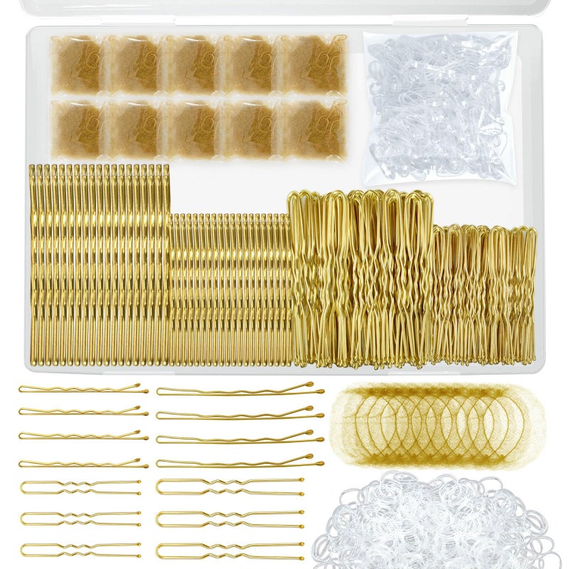 YINGFENG 510PCS Blonde Bobby Pins Hair Pins Kit with Hair Net, YINGFENG Includes 100 Bobby Pins for Women, 100 U Shaped Buns Hair Clips, 300 Hair Bands and 10 Blonde Hair Nets, Dance competition must haves - Image 1