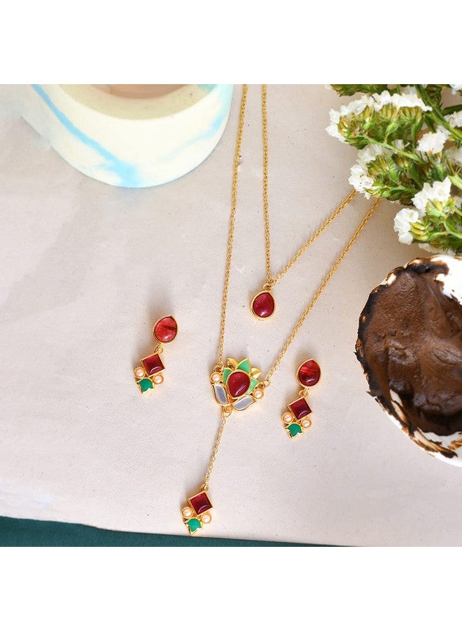 VOYLLA Forever More Pink Stones Enamelled Layered Necklace Jewellery Set For Women|Enamelled Necklace Set|Everyday|Festive|Wedding|Gift For Women| - Image 2