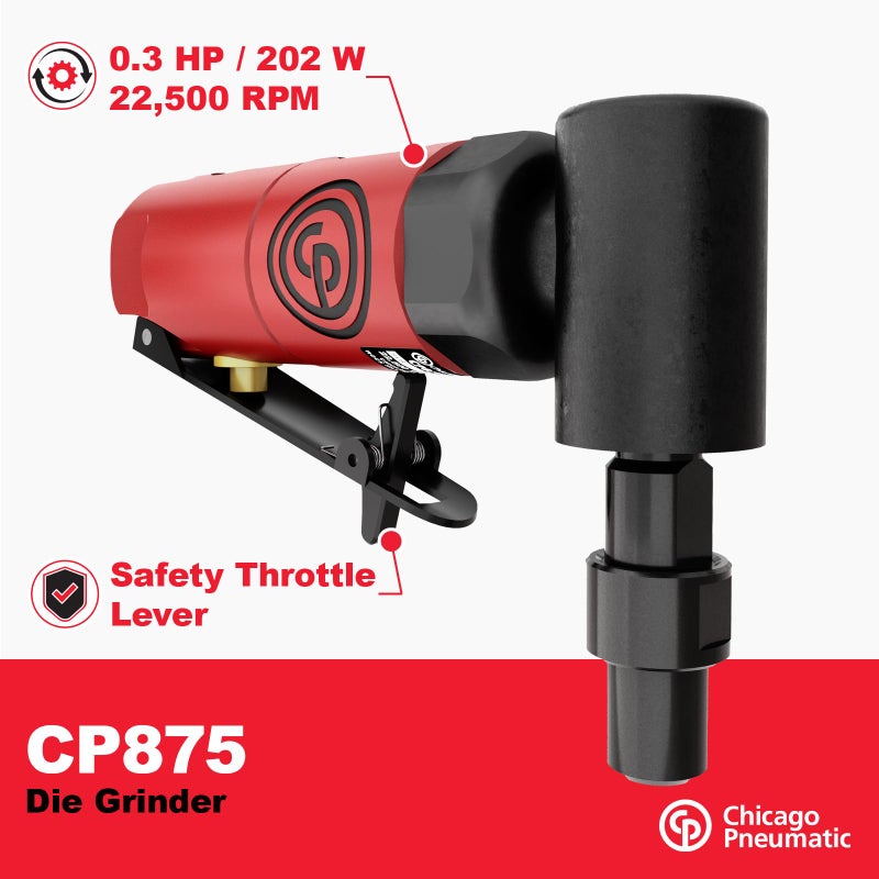 Chicago Pneumatic CP875 Kit - Air Die Grinder Tool, Welder, Woodworking, Automotive Car Detailing, Stainless Steel Polisher, Heavy Duty, Right Angle Grinder, 1/4 Inch (6 mm), 0.3 HP/ 220W - 22500 RPM - Image 2