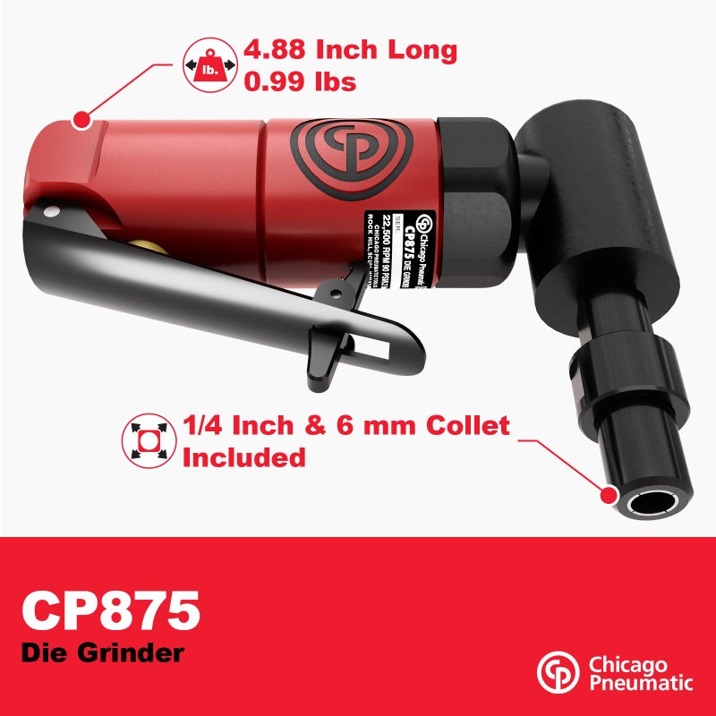 Chicago Pneumatic CP875 Kit - Air Die Grinder Tool, Welder, Woodworking, Automotive Car Detailing, Stainless Steel Polisher, Heavy Duty, Right Angle Grinder, 1/4 Inch (6 mm), 0.3 HP/ 220W - 22500 RPM - Image 3