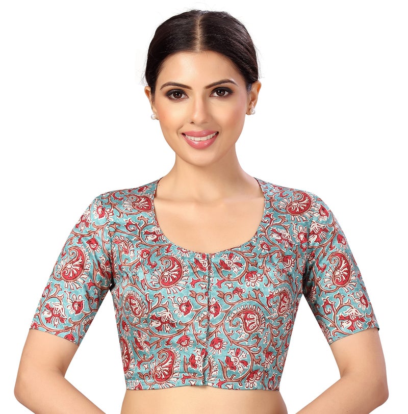 Studio Shringaar Women's Polyester Readymade tassar Silk Kalamkari Printed Saree Blouse with Short Sleeves(Multi-Color, 34) - Image 1
