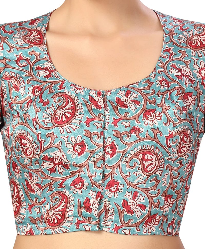 Studio Shringaar Women's Polyester Readymade tassar Silk Kalamkari Printed Saree Blouse with Short Sleeves(Multi-Color, 34) - Image 3
