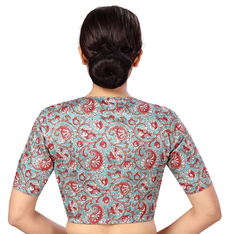 Studio Shringaar Women's Polyester Readymade tassar Silk Kalamkari Printed Saree Blouse with Short Sleeves(Multi-Color, 34) - Image 2
