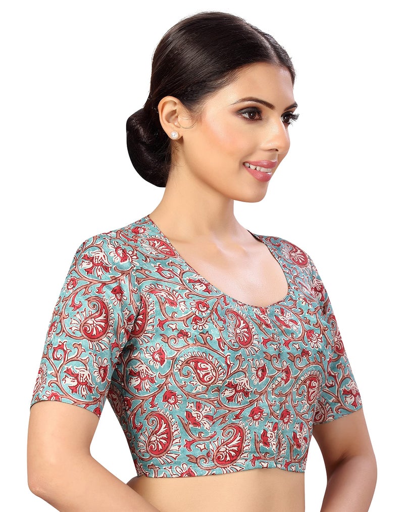 Studio Shringaar Women's Polyester Readymade tassar Silk Kalamkari Printed Saree Blouse with Short Sleeves(Multi-Color, 34) - Image 5