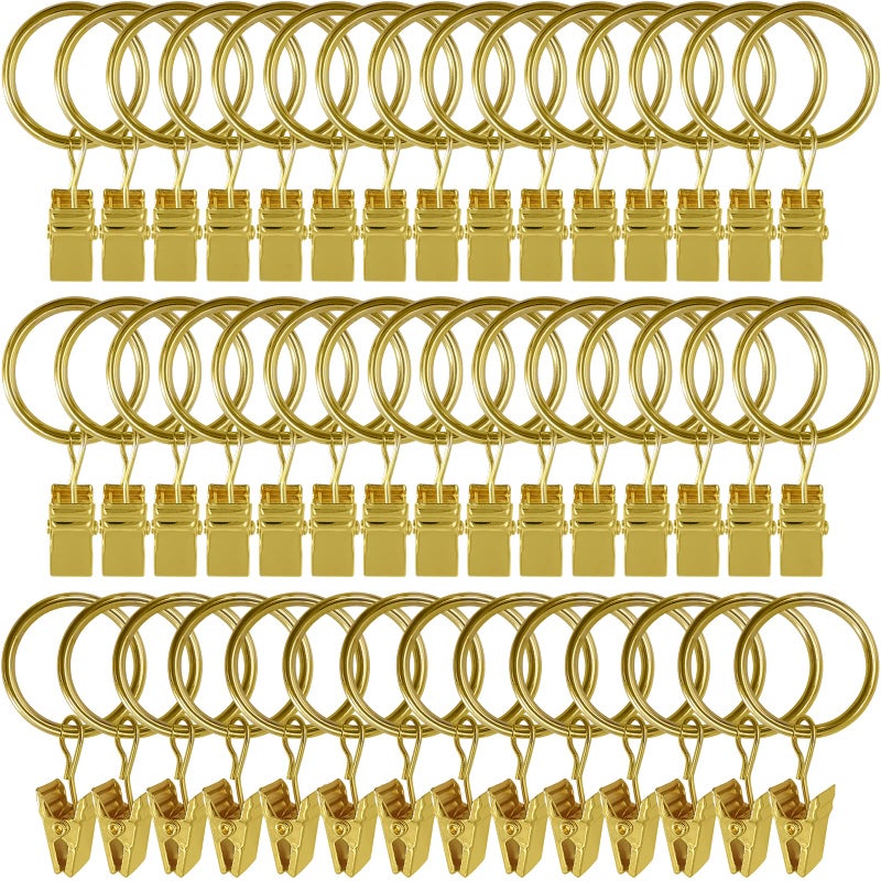 LLPJS 44 Pack Curtain Rings with Clips Curtain Clip Rings Hooks Bow Hanger Clips for Hanging Drapery Drapes Bows Ring 1 inch Interior Diameter Fits up to 58 Rod Gold